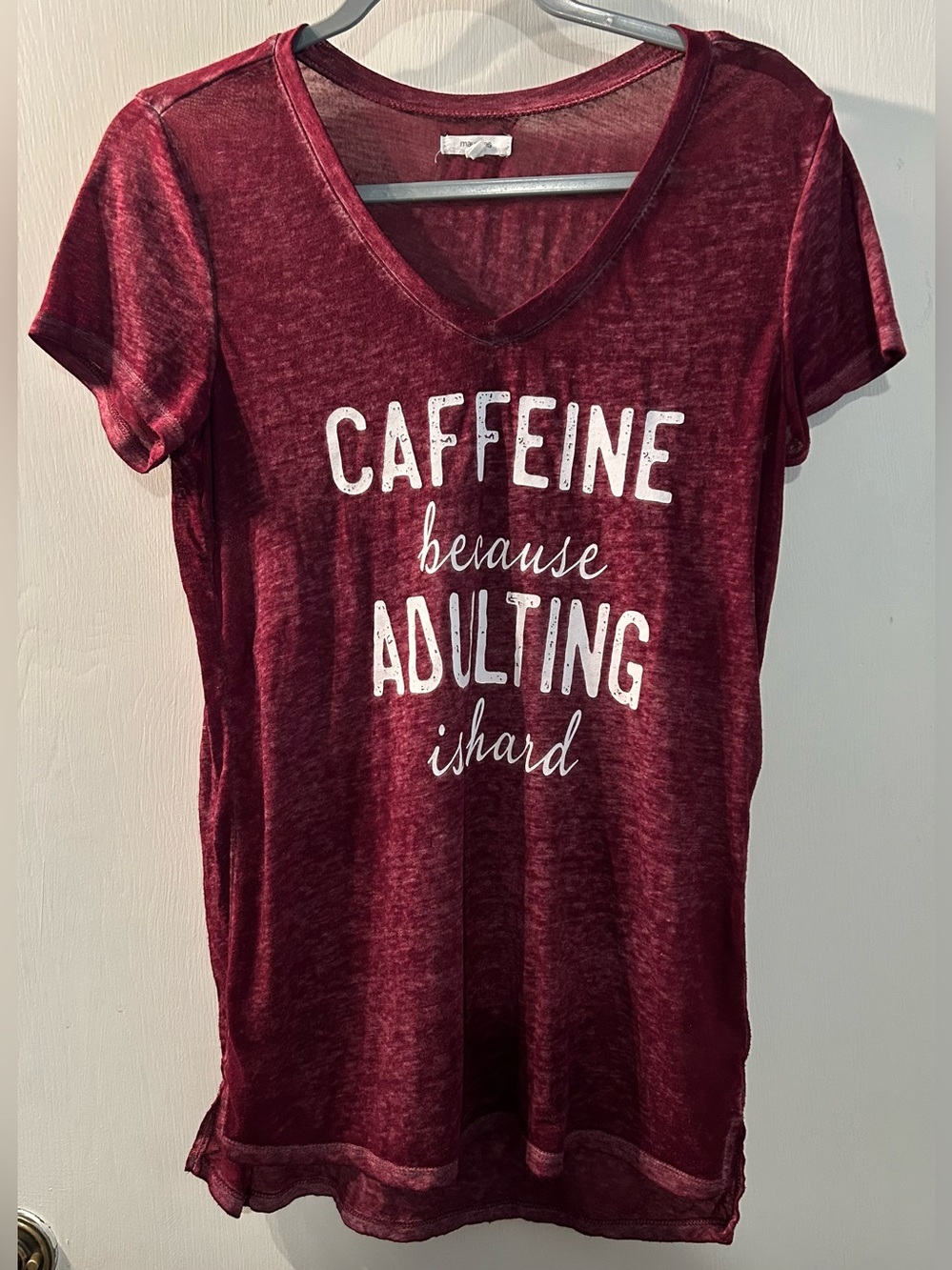 Women's V-Neck Maroon Graphic Tee - Caffeine Because Adulting Is Hard Size M